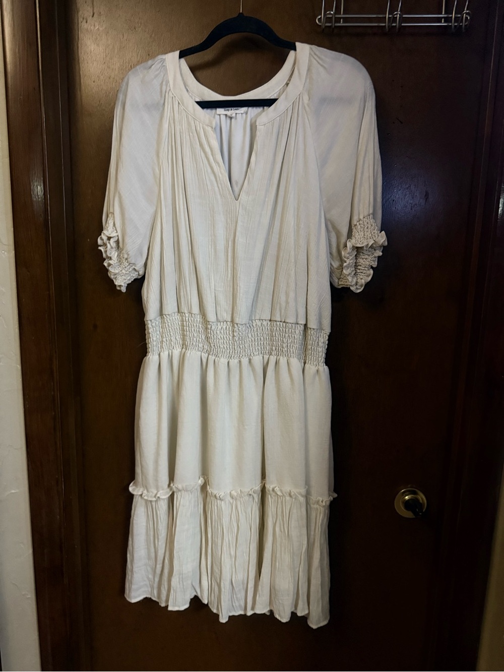 Zoey & Leelo Cream Smocked-Waist Midi Dress with Ruffle Trim